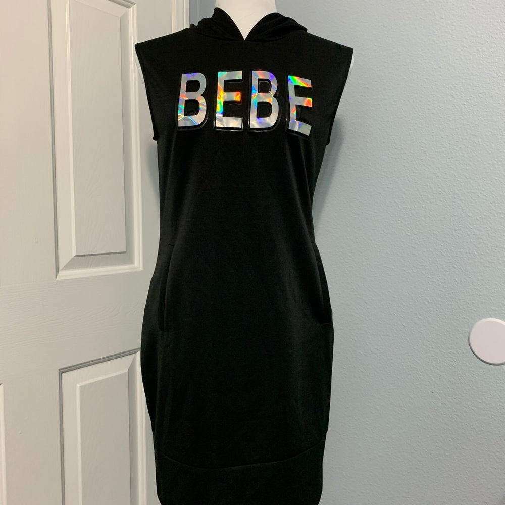 BEBE open back dress with hoodie and pockets
